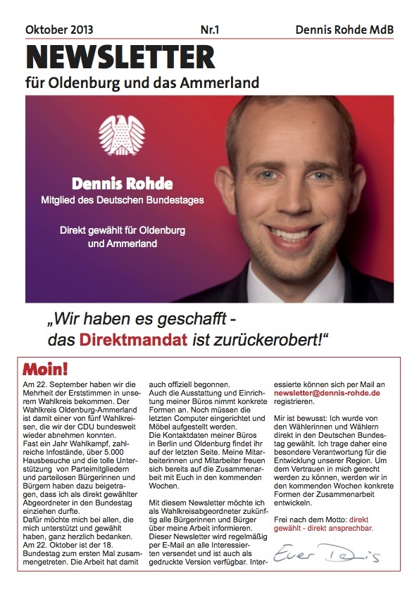 Newsletter Nr. 1 von Dennis Rohde MdB